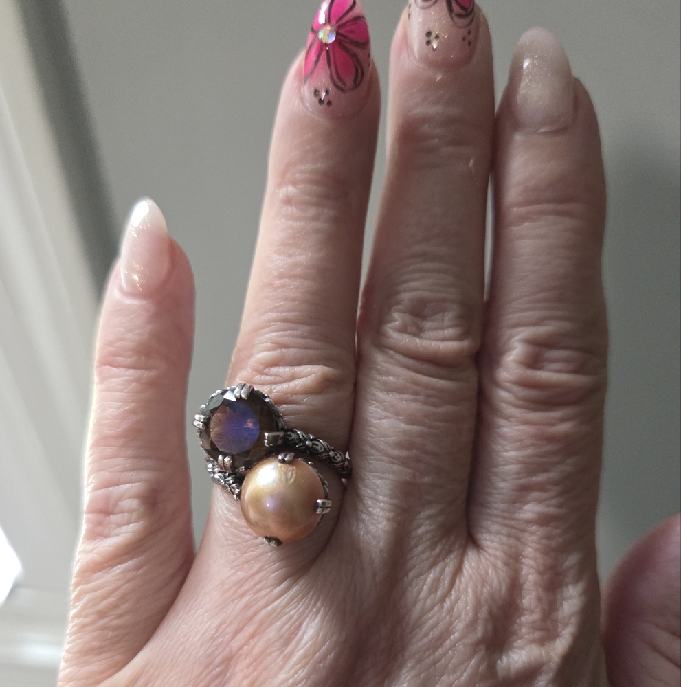 Stephen Dweck Sterling Cognac Quartz & Cultured Pearl Ring - Picture 2 of 11
